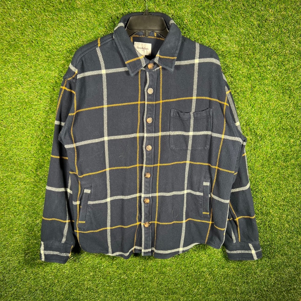Goodfellow & Co Mens Large Navy Blue Plaid Flannel Shirt Jacket Shacket 4120